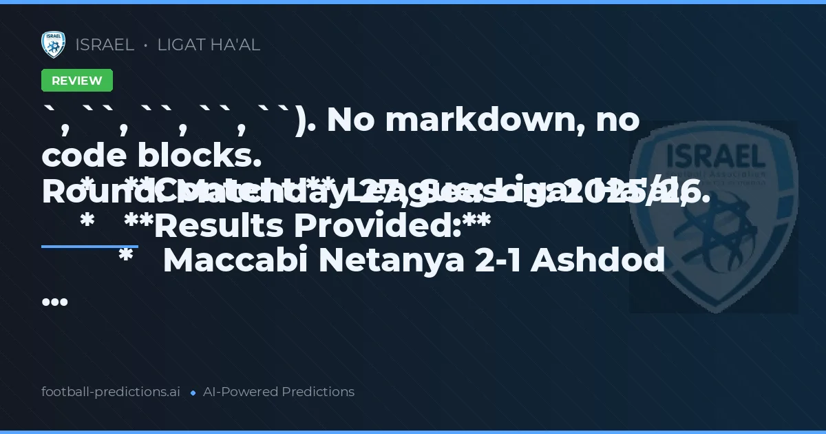 `, ``, ``, ``, ``). No markdown, no code blocks.
    *   **Content:** League: Ligat Ha'al, Round: Matchday 27, Season: 2025/26.
    *   **Results Provided:**
        *   Maccabi Netanya 2-1 Ashdod
...