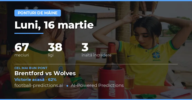 Predicții fotbal Mâine 16 martie 2026: cele mai bune pariuri