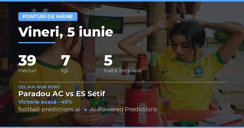 Ziua de vineri, 5 iunie 2026, aduce un program dens cu 39 de partide programate pe întreg globul