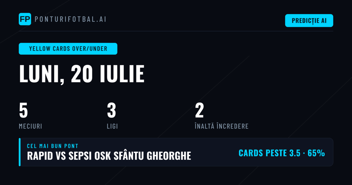 Top Ponturi Cartonașe Galbene O/U pentru 20 Iul 2026