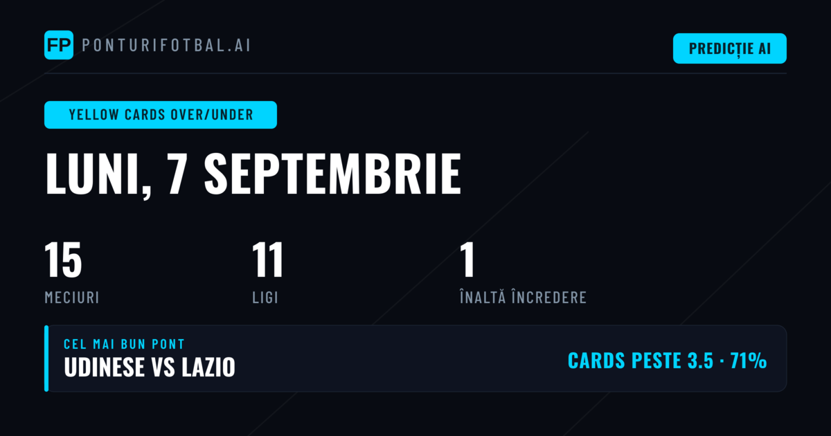 Top Ponturi Cartonașe Galbene O/U pentru 7 Sep 2026