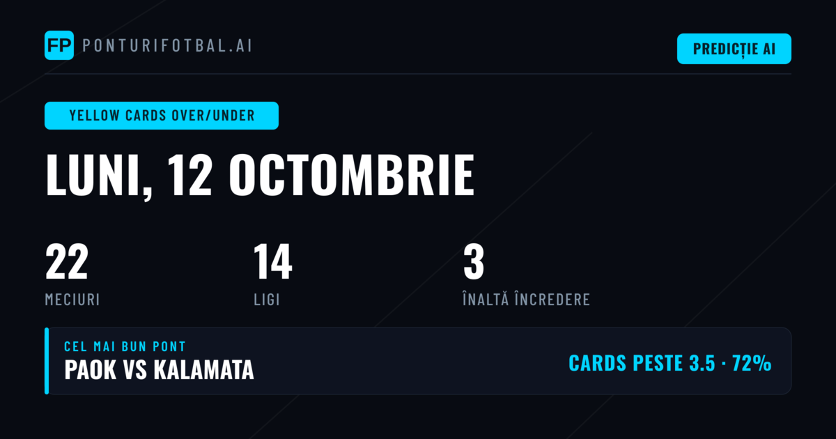 Top O/U Cartonașe Galbene Ponturi pentru 12 Oct 2026