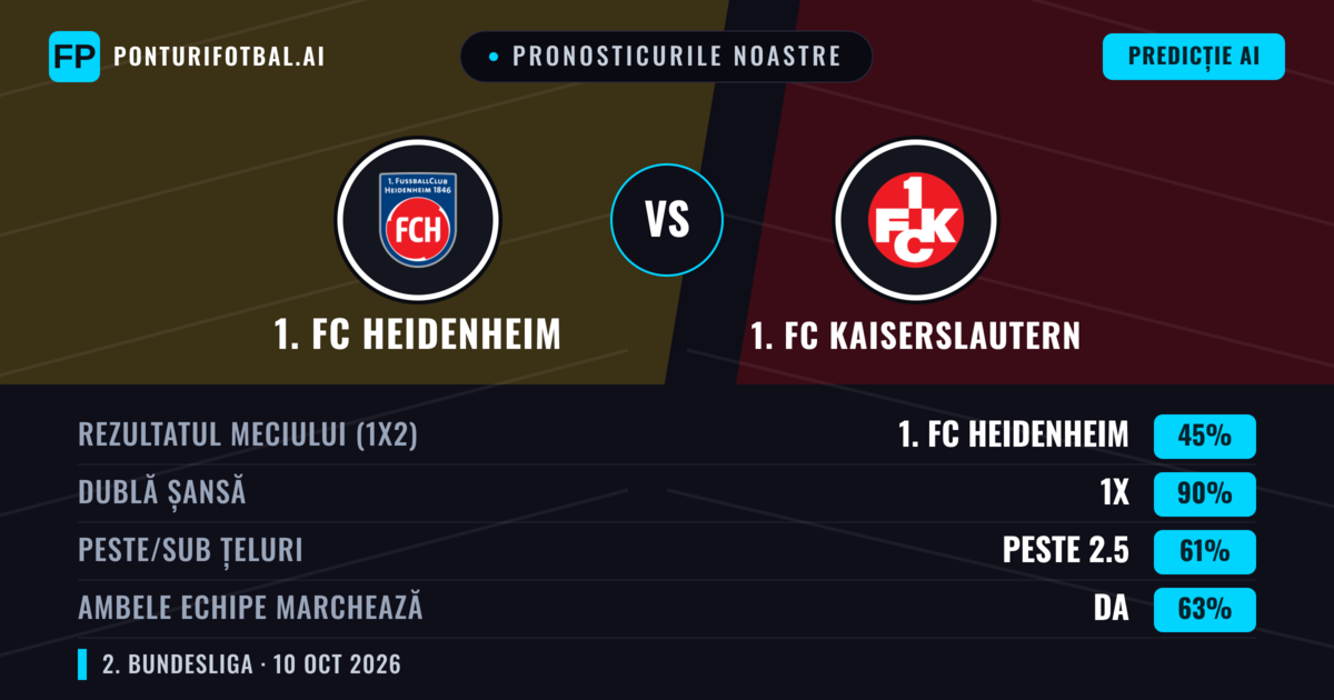 Pronosticurile noastre: 1. FC Heidenheim vs 1. FC Kaiserslautern — Remiză (45%); Peste 2.5; Ambele echipe: Da