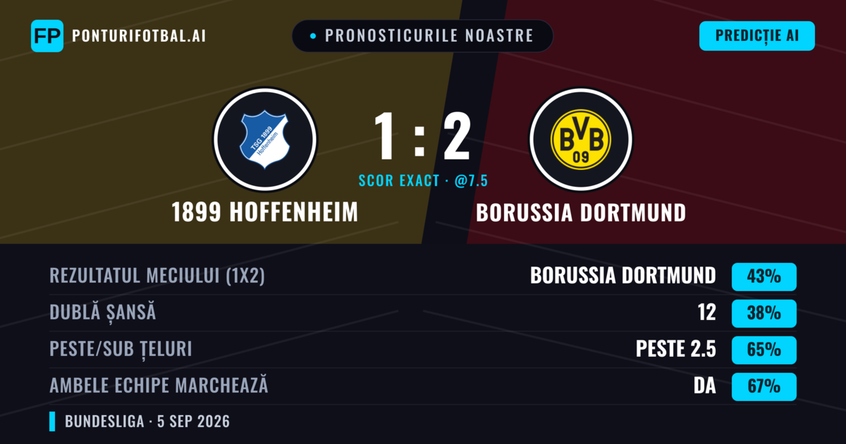 Pronosticurile noastre: 1899 Hoffenheim vs Borussia Dortmund — Borussia Dortmund — Câștigă (43%); Peste 2.5; Ambele echipe: Da
