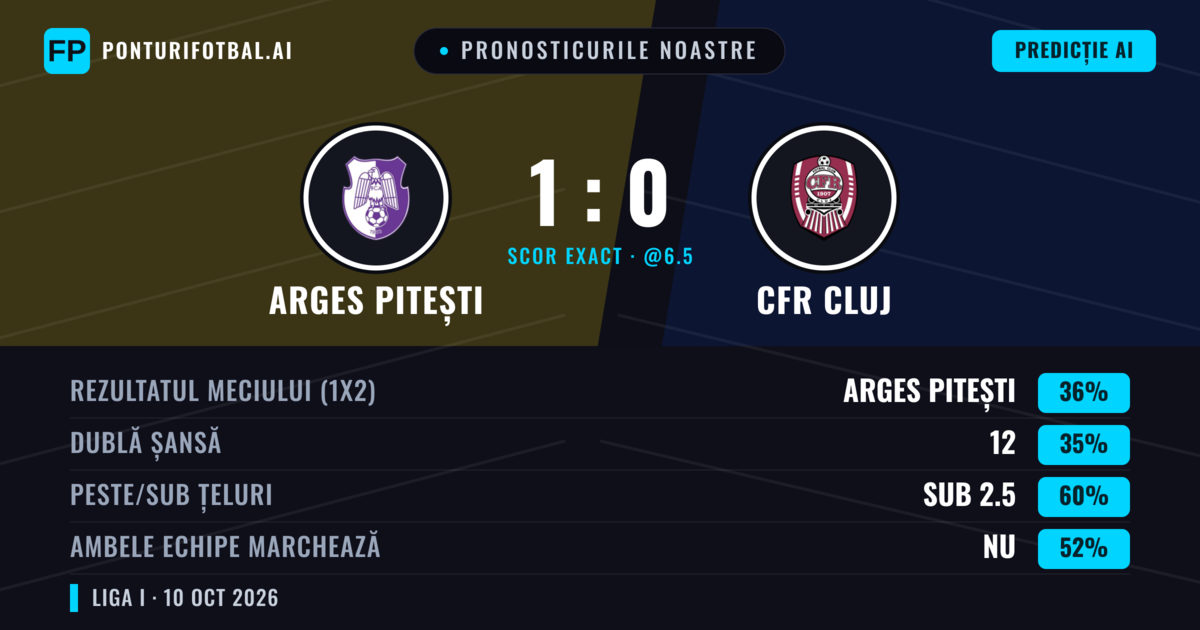 Pronosticurile noastre: Arges Pitești vs CFR Cluj — Arges Pitești — Câștigă (35%); Sub 2.5; Ambele echipe: Nu