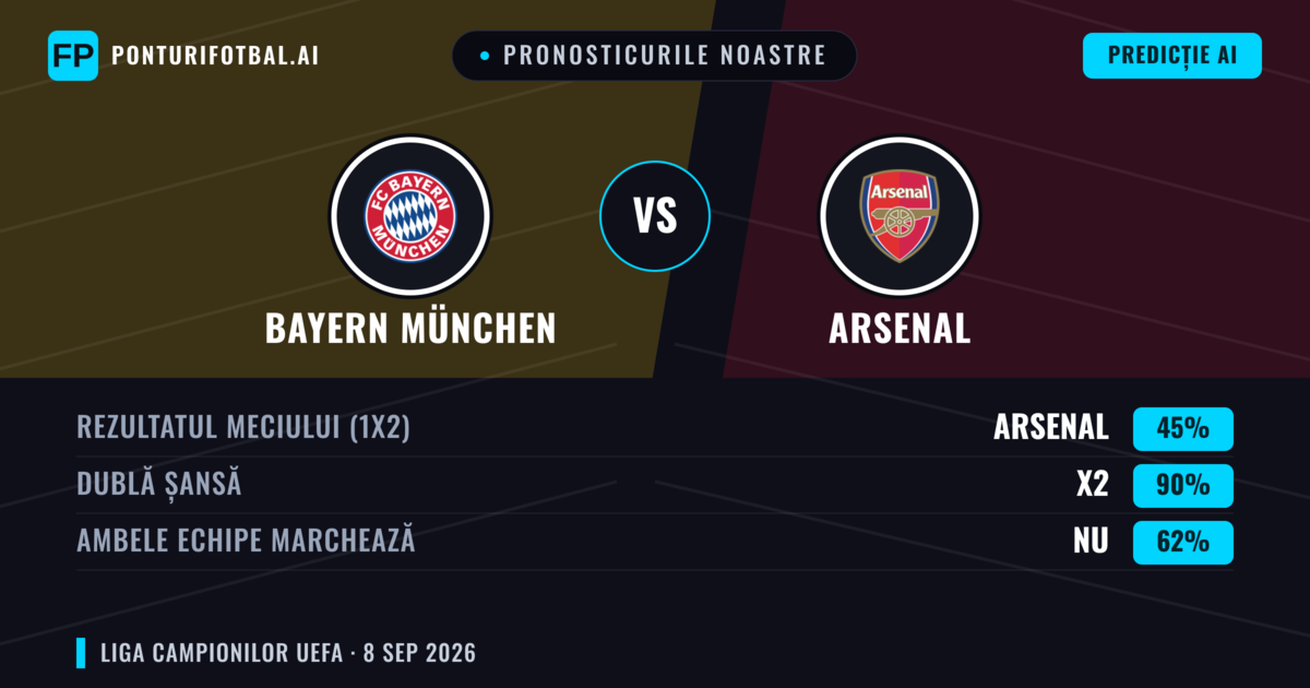 Pronosticurile noastre: Bayern München vs Arsenal — Remiză (45%); Ambele echipe: Nu