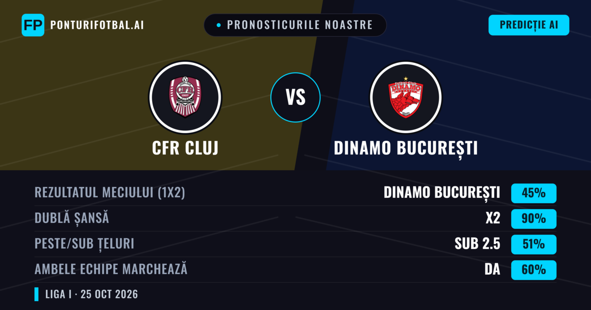 Pronosticurile noastre: CFR Cluj vs Dinamo București — Remiză (45%); Sub 2.5; Ambele echipe: Da