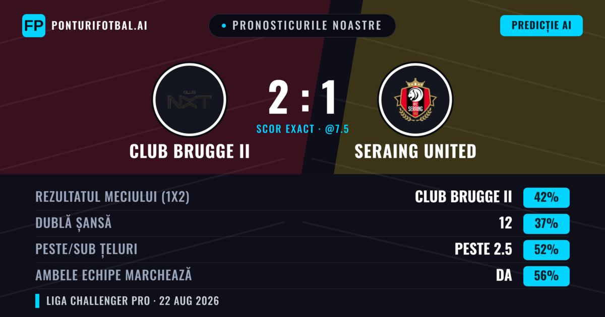 Pronosticurile noastre: Club Brugge II vs Seraing United — Club Brugge II — Câștigă (43%); Peste 2.5; Ambele echipe: Da
