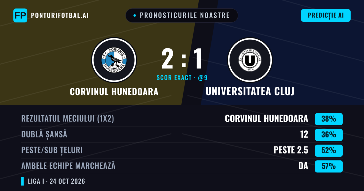 Pronosticurile noastre: Corvinul Hunedoara vs Universitatea Cluj — Corvinul Hunedoara — Câștigă (37%); Peste 2.5; Ambele echipe: Da