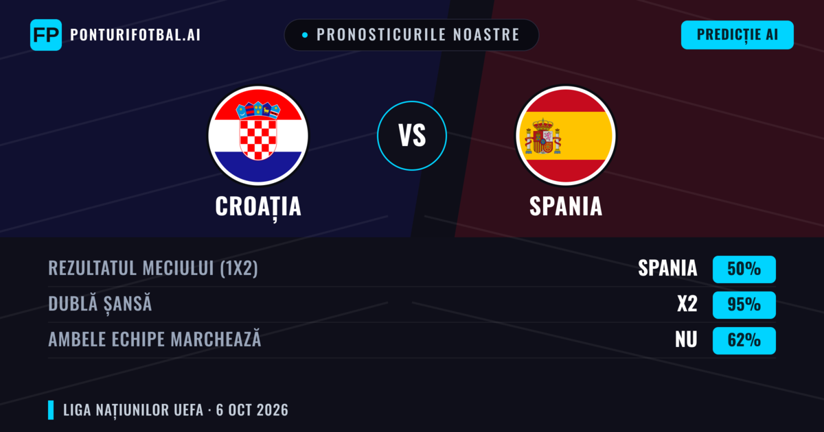 Pronosticurile noastre: Croația vs Spania — Spania — Câștigă (74%); Peste 2.5; Ambele echipe: Da