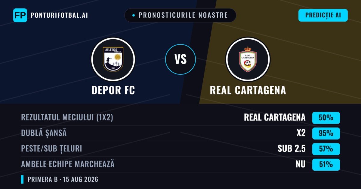 Pronosticurile noastre: Depor FC vs Real Cartagena — Remiză (50%); Sub 2.5; Ambele echipe: Nu