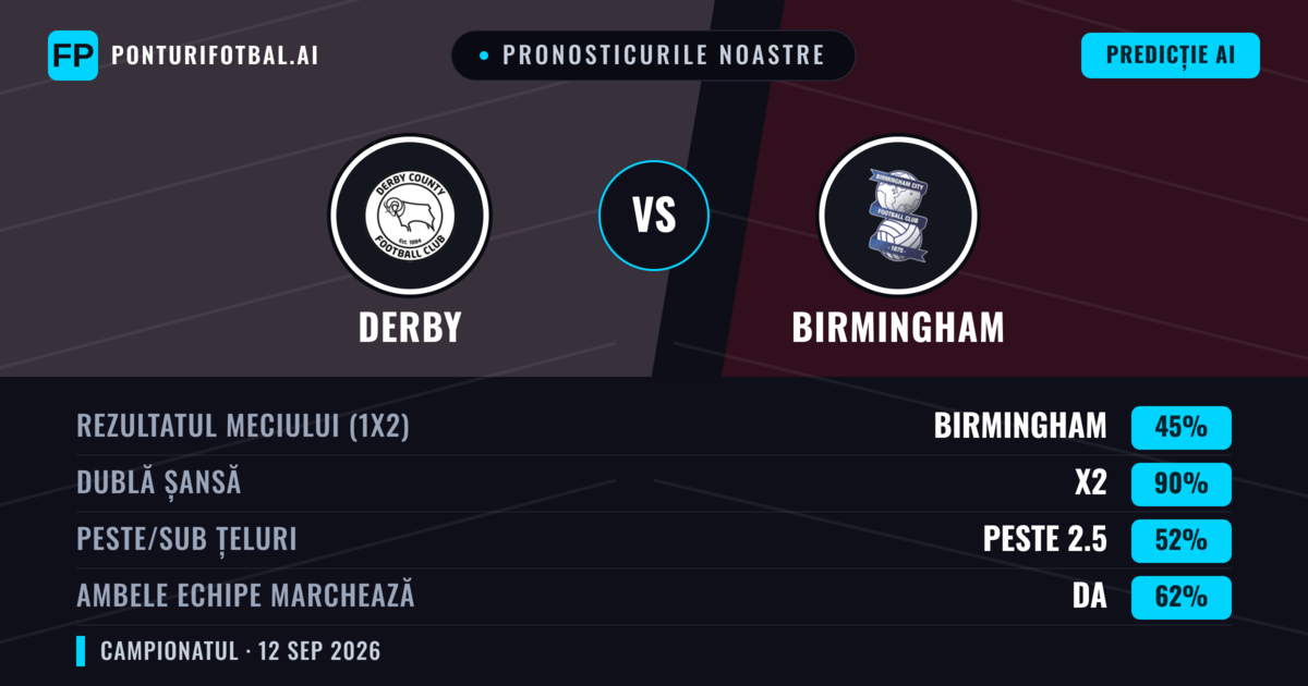 Pronosticurile noastre: Derby vs Birmingham — Remiză (45%); Peste 2.5; Ambele echipe: Da