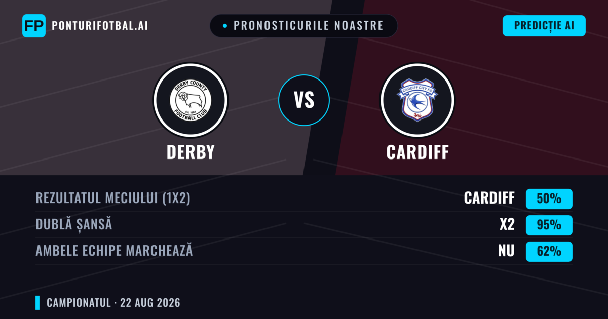 Pronosticurile noastre: Derby vs Cardiff — Derby — Câștigă (49%); Sub 2.5; Ambele echipe: Da