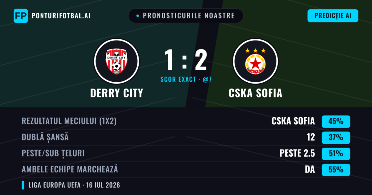 Pronosticurile noastre: Derry City vs CSKA Sofia — CSKA Sofia — Câștigă (51%); Peste 2.5; Ambele echipe: Da