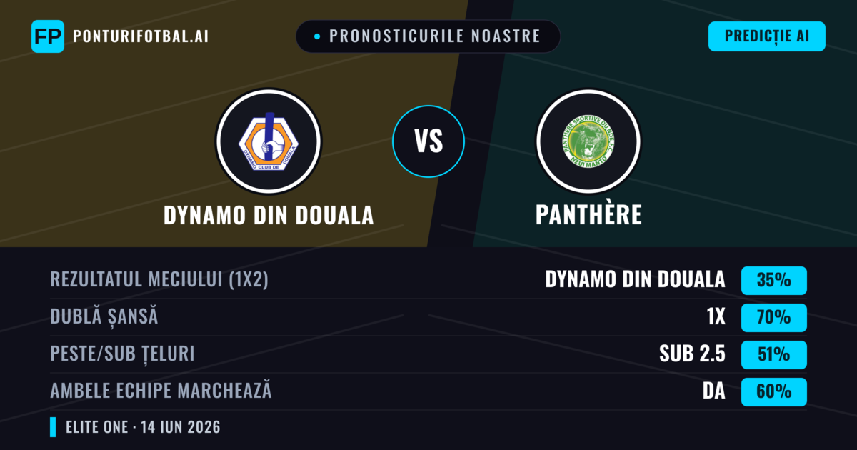 Pronosticurile noastre: Dynamo din Douala vs Panthère — Remiză (35%); Sub 2.5; Ambele echipe: Da