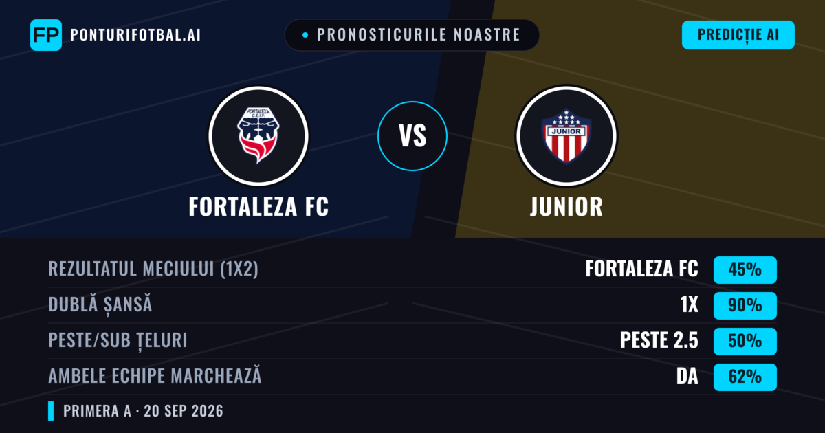 Pronosticurile noastre: Fortaleza FC vs Junior — Junior — Câștigă (38%); Sub 2.5; Ambele echipe: Da