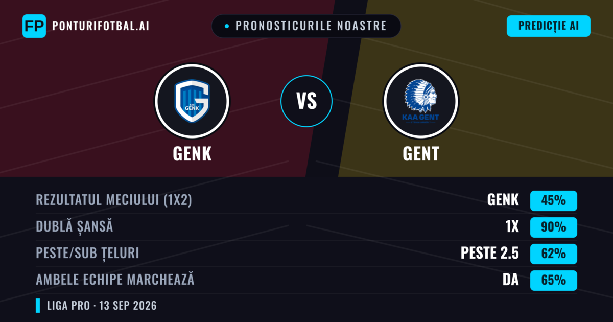 Pronosticurile noastre: Genk vs Gent — Remiză (45%); Peste 2.5; Ambele echipe: Da