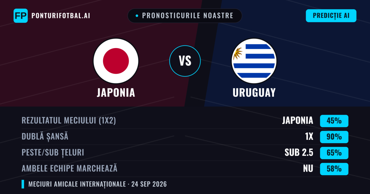 Pronosticurile noastre: Japonia vs Uruguay — Japonia — Câștigă (51%); Sub 2.5; Ambele echipe: Nu