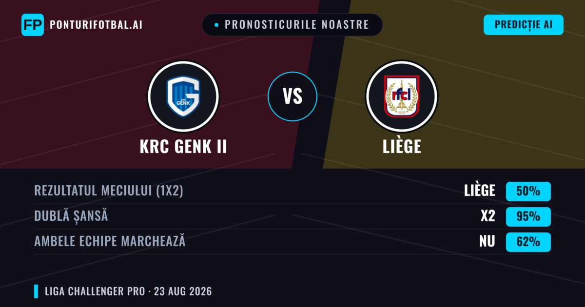 Pronosticurile noastre: KRC Genk II vs Liège — Liège — Câștigă (42%); Peste 2.5; Ambele echipe: Da