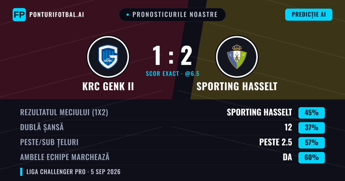 Pronosticurile noastre: KRC Genk II vs Sporting Hasselt — Sporting Hasselt — Câștigă (44%); Peste 2.5; Ambele echipe: Da