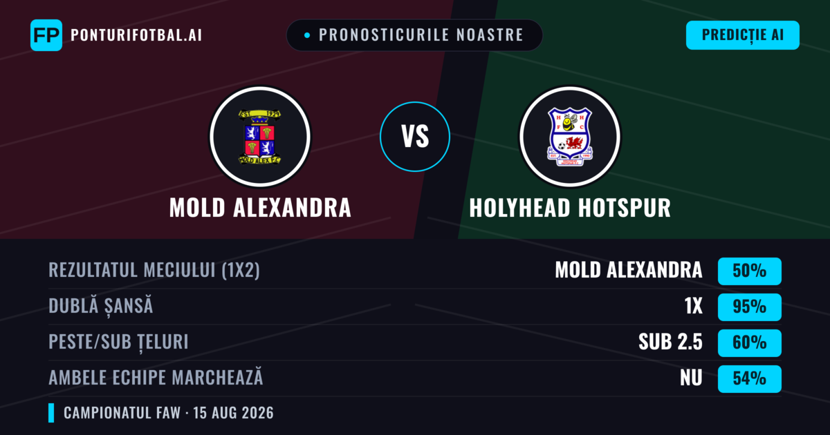 Pronosticurile noastre: Mold Alexandra vs Holyhead Hotspur — Remiză (50%); Sub 2.5; Ambele echipe: Nu