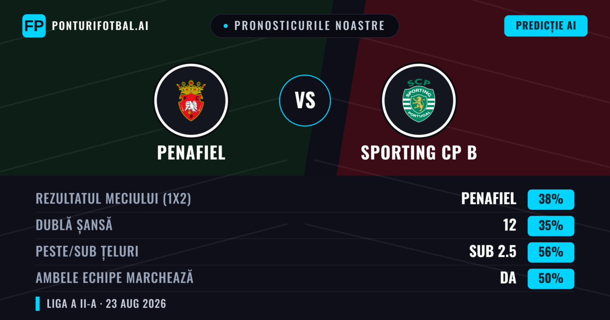 Pronosticurile noastre: Penafiel vs Sporting CP B — Penafiel — Câștigă (38%); Sub 2.5; Ambele echipe: Da