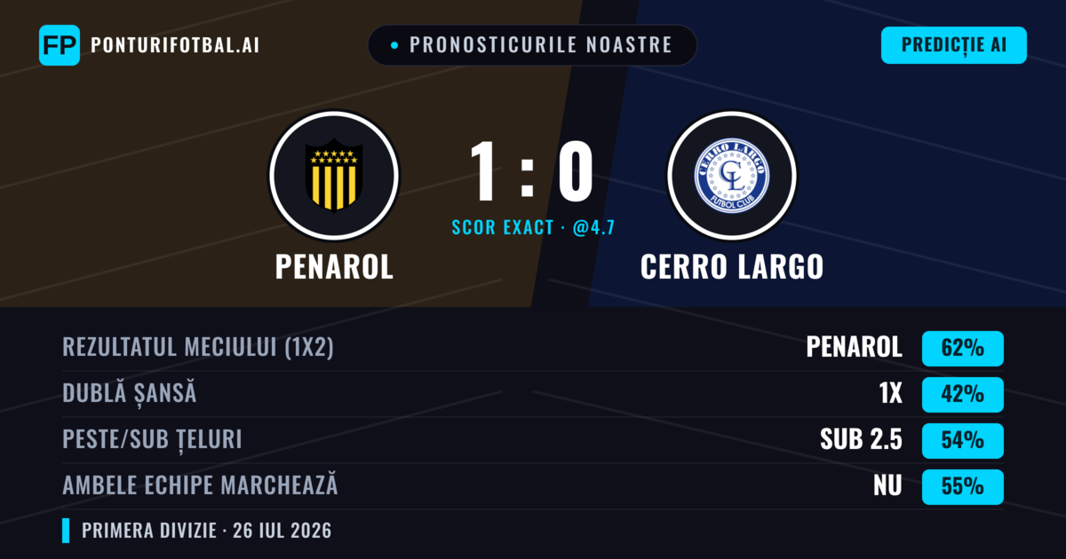 Pronosticurile noastre: Penarol vs Cerro Largo — Penarol — Câștigă (60%); Sub 2.5; Ambele echipe: Nu