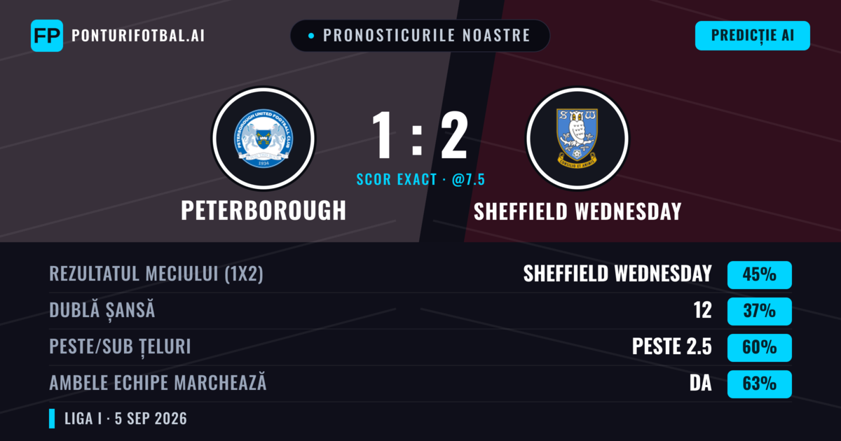 Pronosticurile noastre: Peterborough vs Sheffield Wednesday — Sheffield Wednesday — Câștigă (45%); Peste 2.5; Ambele echipe: Da