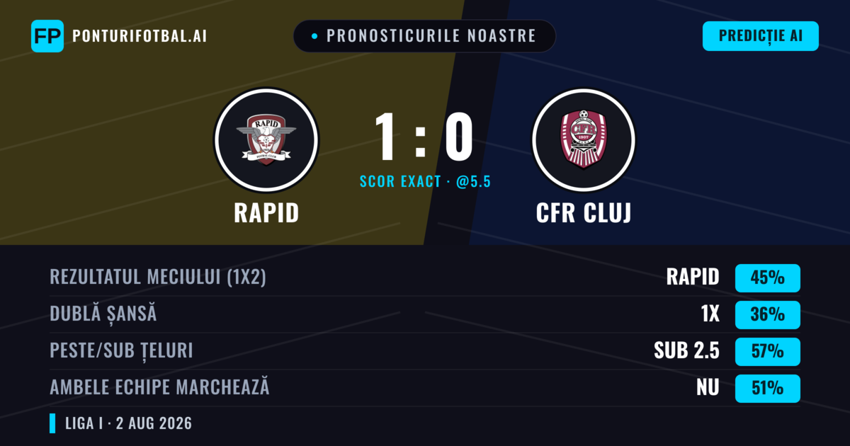 Pronosticurile noastre: Rapid vs CFR Cluj — Rapid — Câștigă (47%); Sub 2.5; Ambele echipe: Da