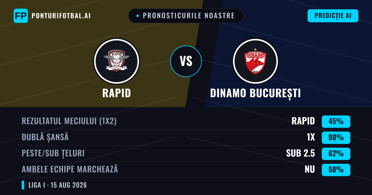 Pronosticurile noastre: Rapid vs Dinamo București — Rapid — Câștigă (40%); Sub 2.5; Ambele echipe: Da