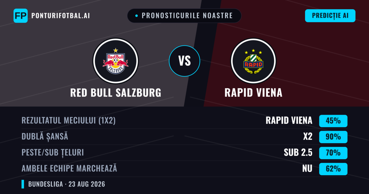 Pronosticurile noastre: Red Bull Salzburg vs Rapid Viena — Remiză (45%); Sub 2.5; Ambele echipe: Nu