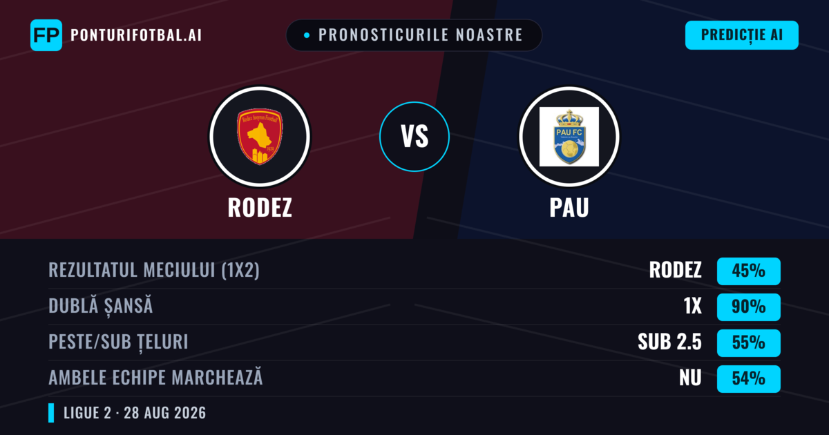 Pronosticurile noastre: Rodez vs PAU — Rodez — Câștigă (55%); Peste 2.5; Ambele echipe: Da
