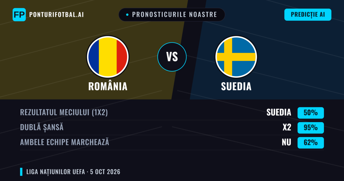 Pronosticurile noastre: România vs Suedia — Suedia — Câștigă (54%); Peste 2.5; Ambele echipe: Da
