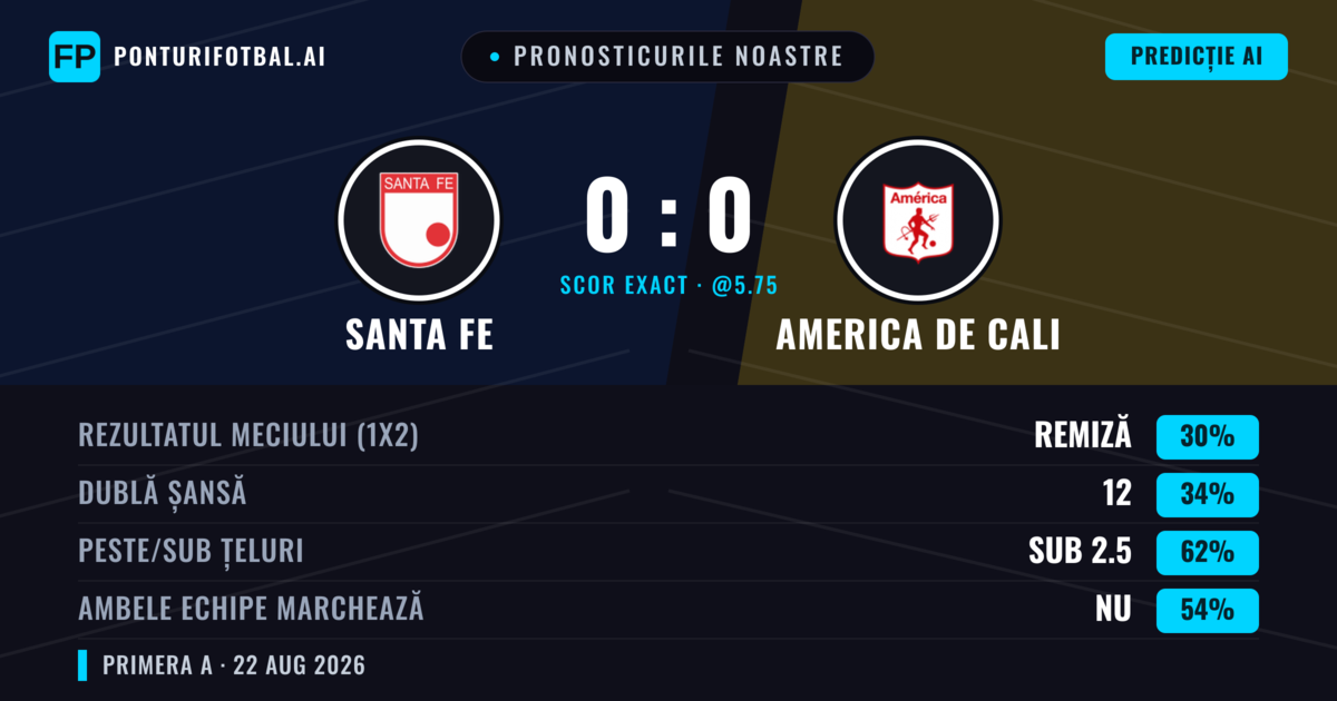Pronosticurile noastre: Santa Fe vs America de Cali — America de Cali — Câștigă (39%); Sub 2.5; Ambele echipe: Nu