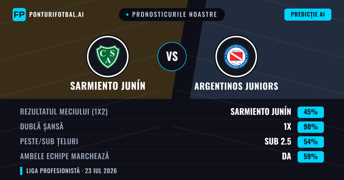 Pronosticurile noastre: Sarmiento Junín vs Argentinos Juniors — Argentinos Juniors — Câștigă (46%); Sub 2.5; Ambele echipe: Nu