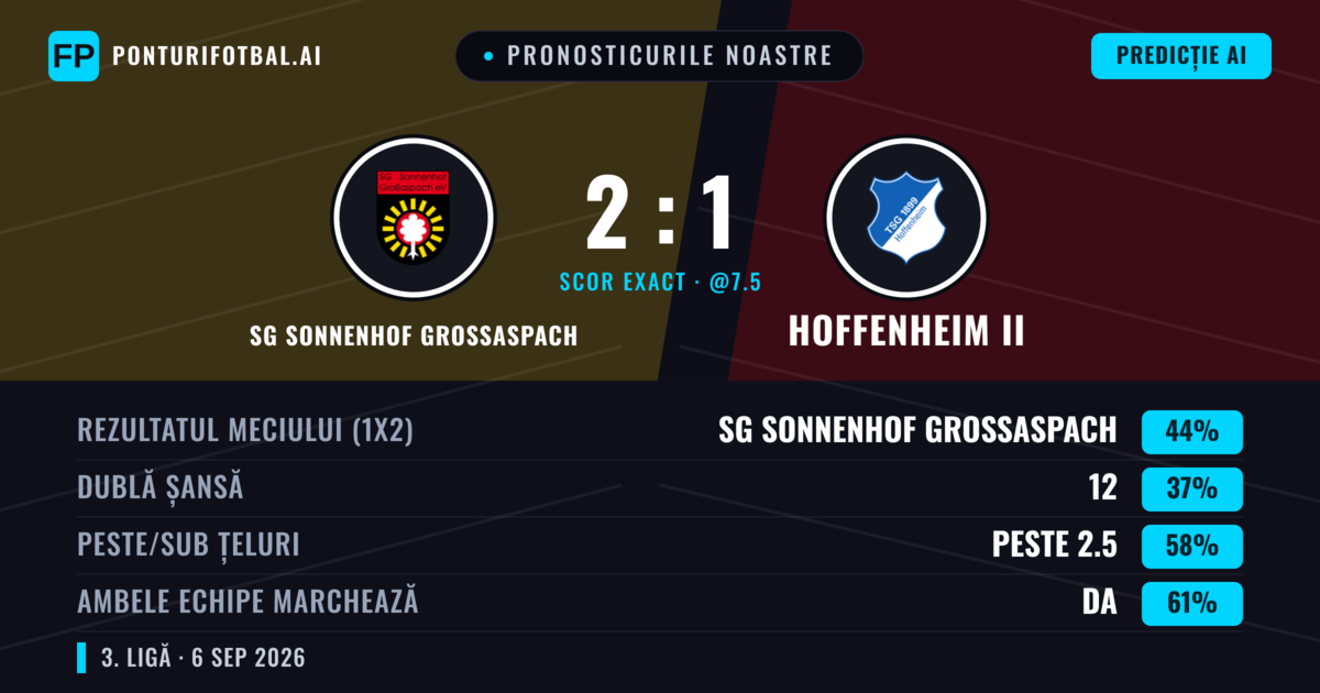 Pronosticurile noastre: SG Sonnenhof Großaspach vs Hoffenheim II — SG Sonnenhof Großaspach — Câștigă (44%); Peste 2.5; Ambele echipe: Da
