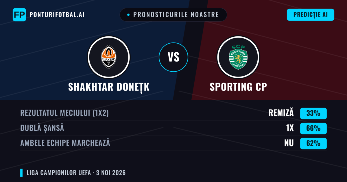 Pronosticurile noastre: Shakhtar Donețk vs Sporting CP — Remiză (33%); Ambele echipe: Nu