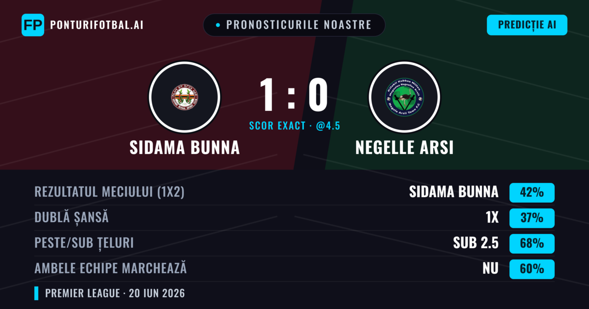 Pronosticurile noastre: Sidama Bunna vs Negelle Arsi — Sidama Bunna — Câștigă (42%); Sub 2.5; Ambele echipe: Nu