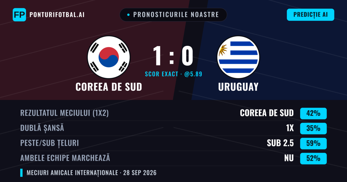 Pronosticurile noastre: Coreea de Sud vs Uruguay — Coreea de Sud — Câștigă (40%); Sub 2.5; Ambele echipe: Nu