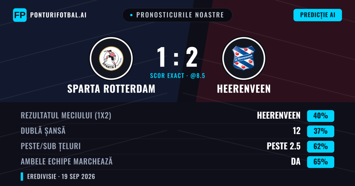 Pronosticurile noastre: Sparta Rotterdam vs Heerenveen — Sparta Rotterdam — Câștigă (41%); Peste 2.5; Ambele echipe: Da