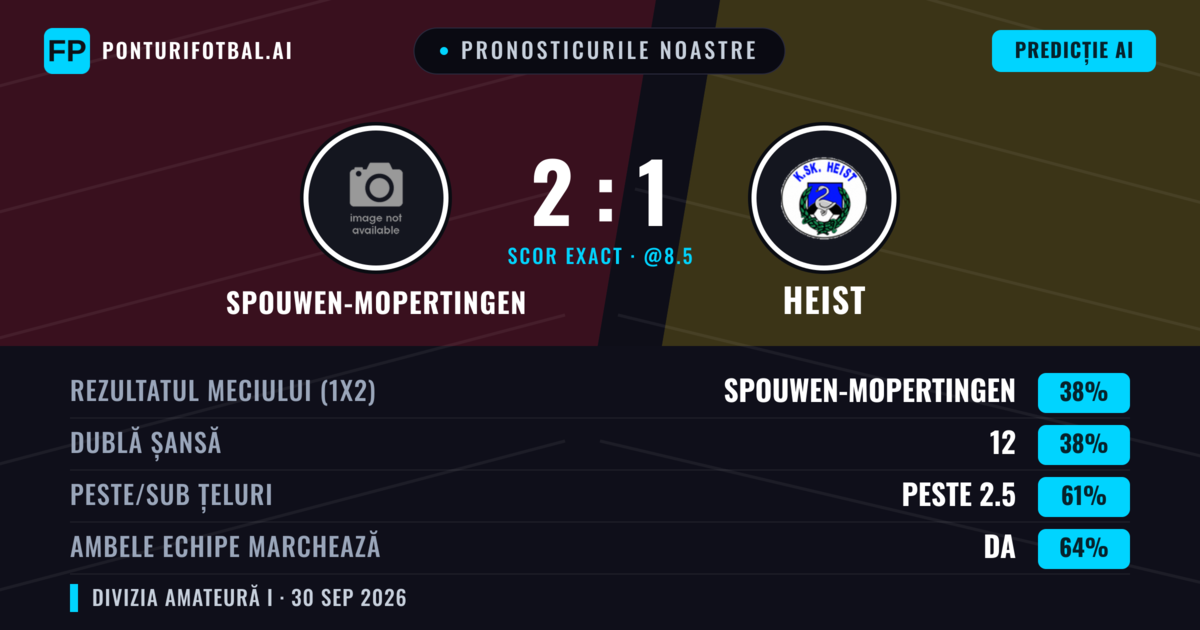 Pronosticurile noastre: Spouwen-Mopertingen vs Heist — Heist — Câștigă (38%); Peste 2.5; Ambele echipe: Da