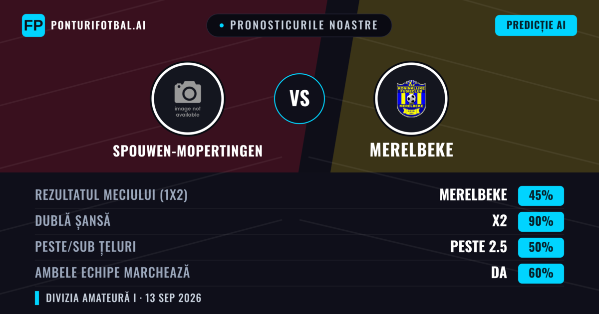 Pronosticurile noastre: Spouwen-Mopertingen vs Merelbeke — Remiză (45%); Peste 2.5; Ambele echipe: Da