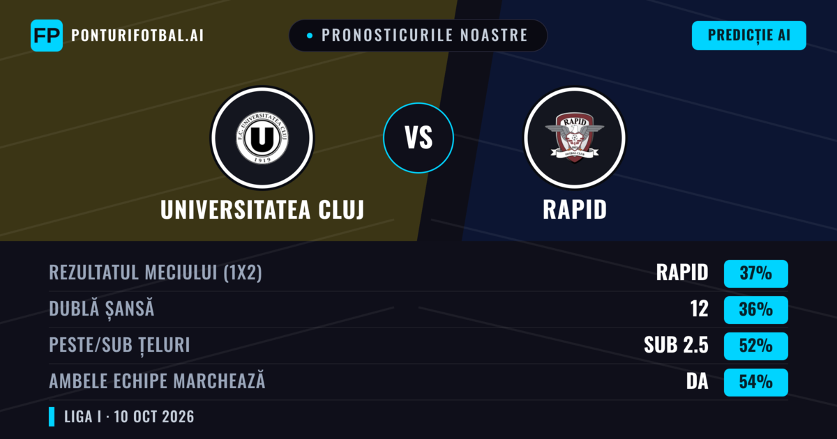 Pronosticurile noastre: Universitatea Cluj vs Rapid — Rapid — Câștigă (36%); Sub 2.5; Ambele echipe: Da