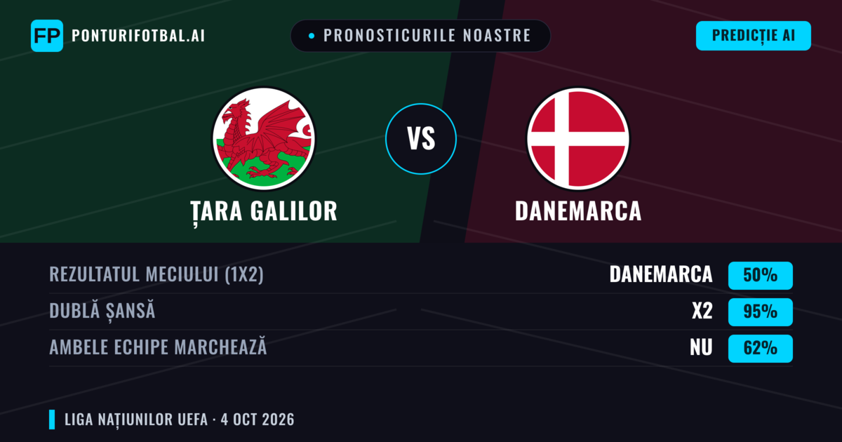 Pronosticurile noastre: Țara Galilor vs Danemarca — Danemarca — Câștigă (48%); Peste 2.5; Ambele echipe: Da